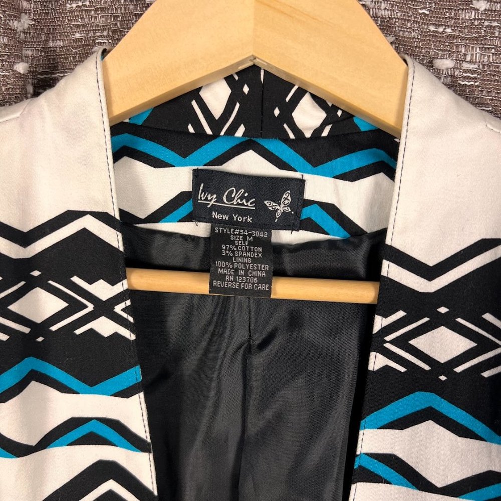Ivy Chic Jacket Southwestern Print Open‎ Front Lined Side Pockets Black & Blue - Picture 2 of 6